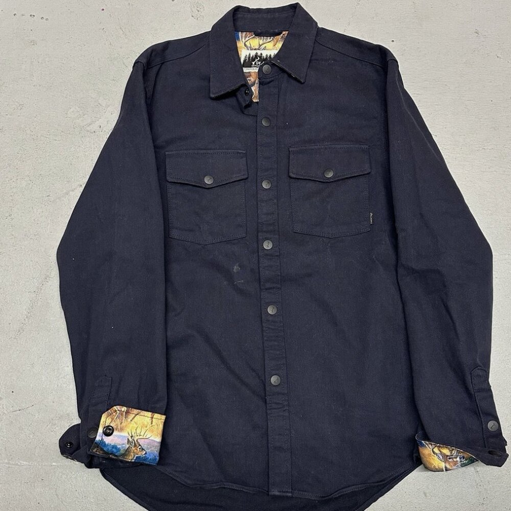 Pladra Flannel Navy Blue Plaid Shirt Flip Cuffs Pockets Collar Size Small